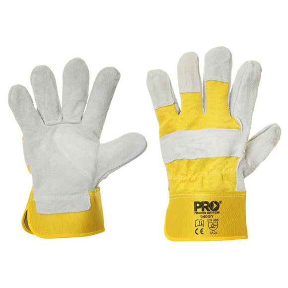 Yellow/Grey Leather Gloves Large Yellow + Grey