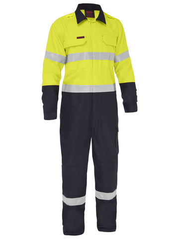 Bisley Workwear Apex 185/240 Taped Hi Vis FR Ripstop Vented Coverall Yellow/Navy