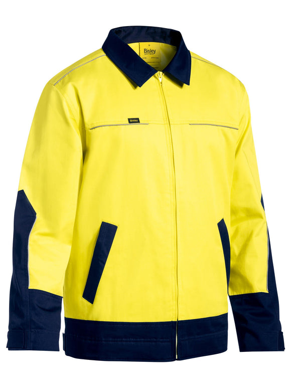 Bisley Workwear Hi Vis Drill Jacket with Liquid Repellent Finish Yellow/Navy