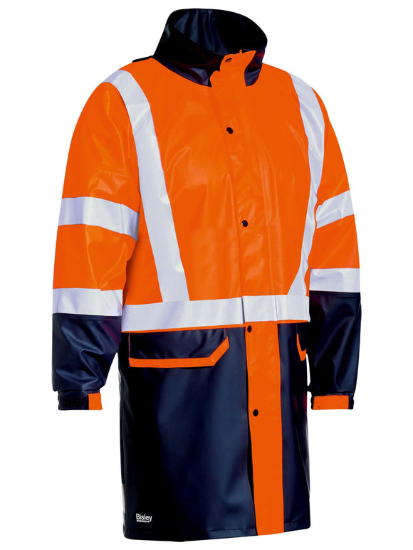 Bisley Workwear Taped Hi Vis Stretch PU Rain Coat Orange/Navy
