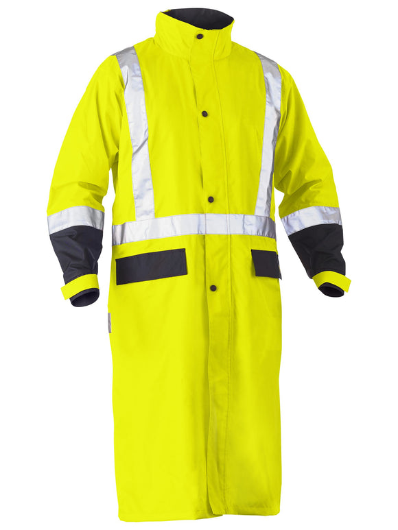 Bisley Workwear Taped Hi Vis Long Rain Coat Yellow/Navy