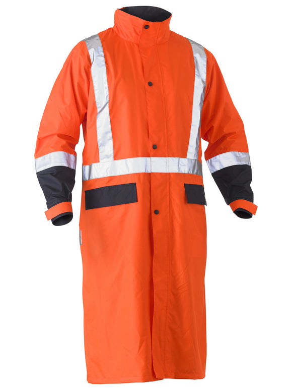 Bisley Workwear Taped Hi Vis Long Rain Coat Orange/Navy
