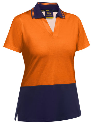 Bisley Workwear Women's Hi Vis V-Neck Polo Orange/Navy