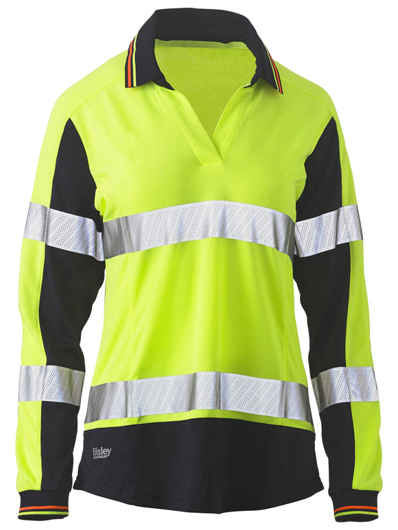 Bisley Workwear Women's Taped Two Tone Hi Vis V-Neck Polo Yellow/Navy