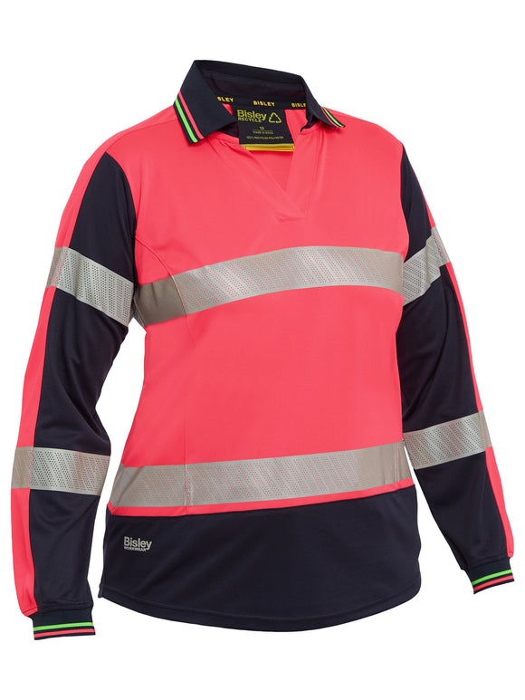 Bisley Workwear Women's Taped Two Tone Hi Vis V-Neck Polo Hi Vis Pink/Navy