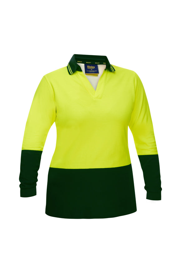 Bisley Workwear Women's Hi Vis V-Neck Polo Yellow/Bottle