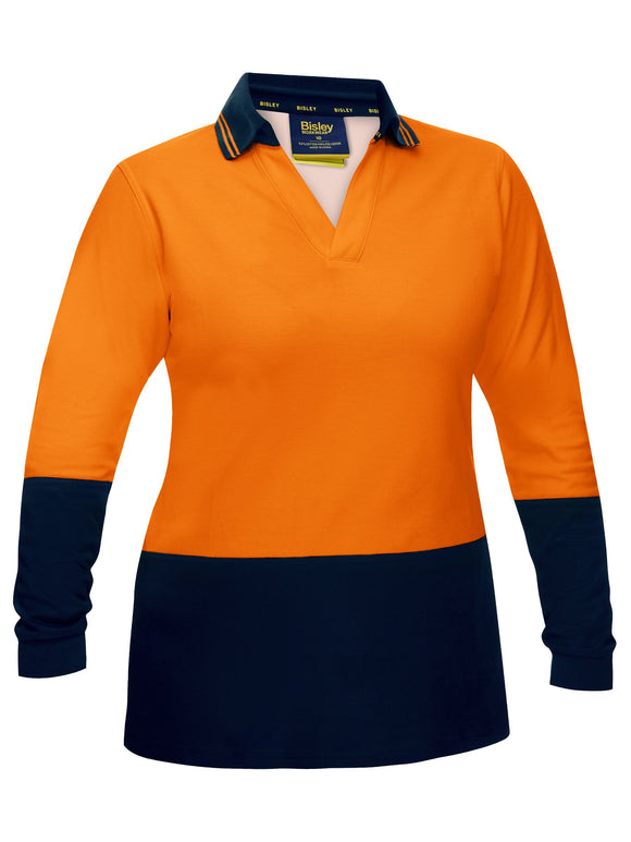 Bisley Workwear Women's Hi Vis V-Neck Polo Orange/Navy