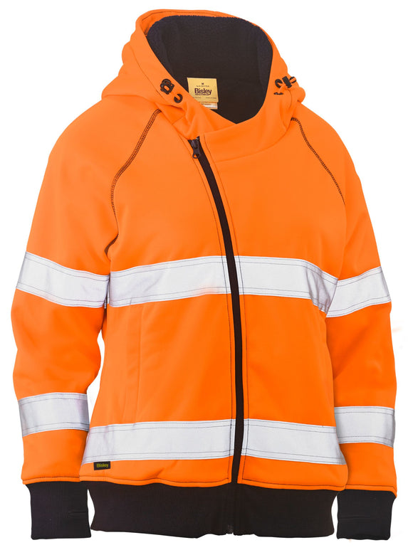 Bisley Workwear Women's Taped Hi Vis Fleece Zip Front Hoodie with Sherpa Lining Orange