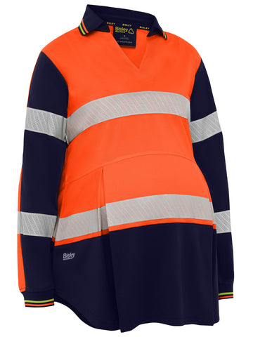 Bisley Workwear Women's Taped Hi Vis Recycled V-Neck Maternity Polo Orange/Navy