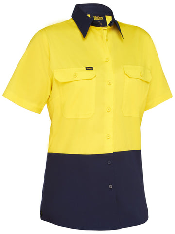 Bisley Workwear Women's Cool Lightweight Hi Vis Drill Shirt Yellow/Navy