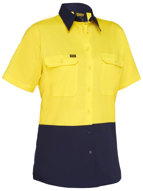 Bisley Workwear Women's Cool Lightweight Hi Vis Drill Shirt Yellow/Navy