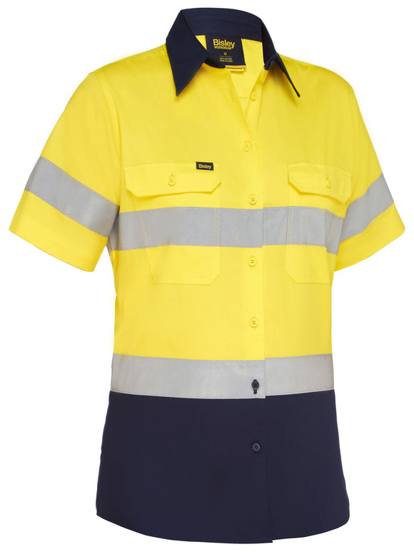 Bisley Workwear Women's Taped Hi Vis Cool Lightweight Drill Shirt Yellow/Navy