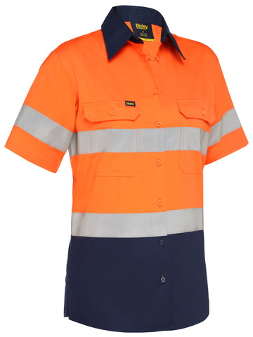 Bisley Workwear Women's Taped Hi Vis Cool Lightweight Drill Shirt Orange/Navy - Discontinued