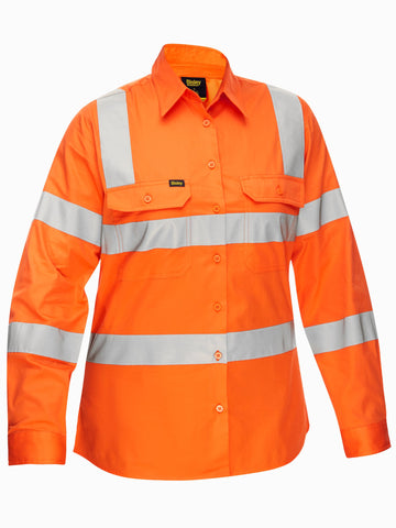 Bisley Workwear Women's Taped Biomotion Cool Lightweight Hi Vis Shirt Rail Orange