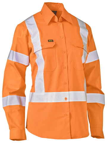 Bisley Workwear Women's X Taped Biomotion Hi Vis Cool Lightweight Drill Shirt Orange