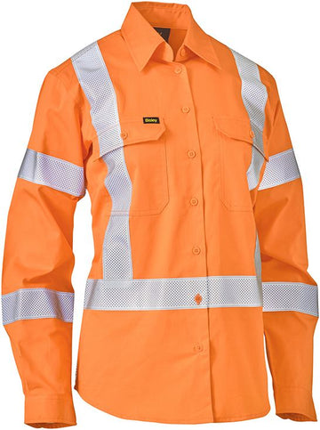 Bisley Workwear Women's X Taped Biomotion Hi Vis Cool Lightweight Drill Shirt Rail Orange