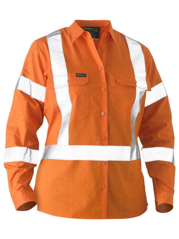 Bisley Workwear Recycle Women's X Taped Hi Vis Drill Shirt Orange