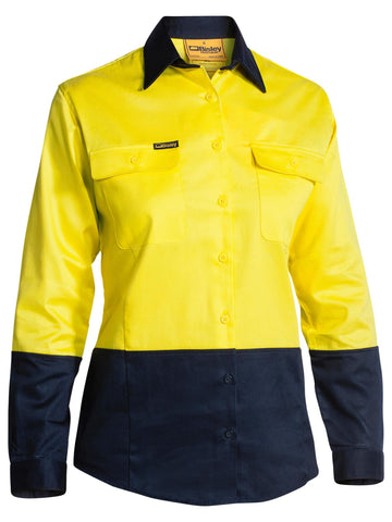 Bisley Workwear Women's Hi Vis Drill Shirt Yellow/Navy