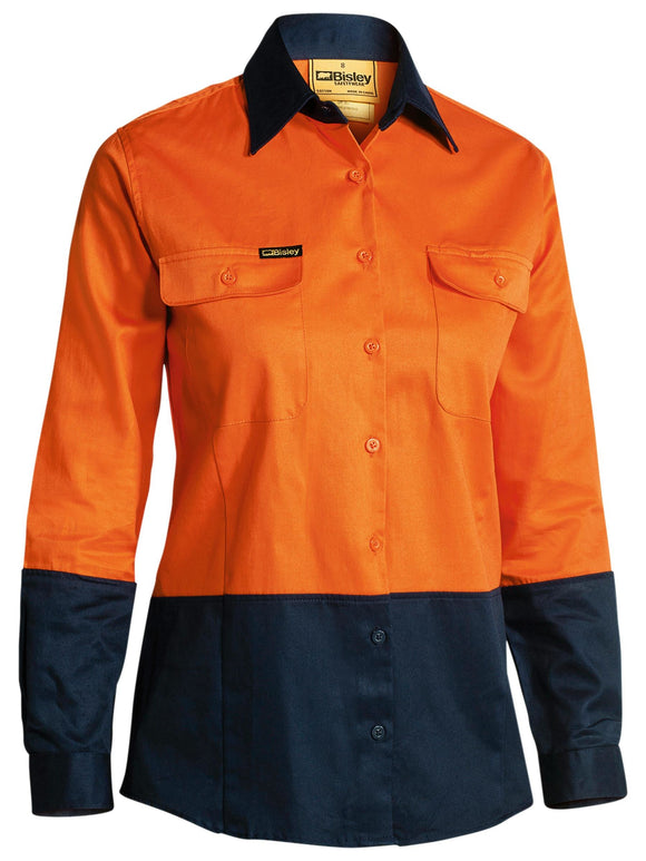 Bisley Workwear Women's Hi Vis Drill Shirt Orange/Navy
