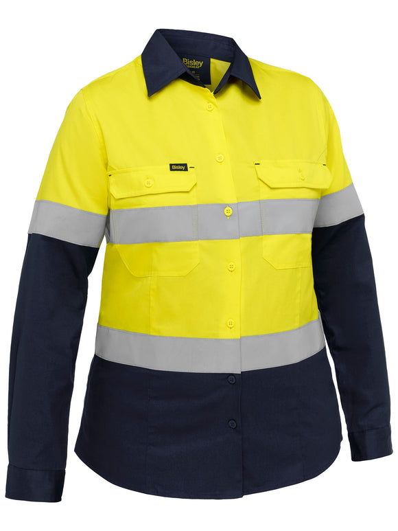 Bisley Workwear Industrial Women's Taped Hi Vis Cool Lightweight Vented Shirt Yellow/Navy