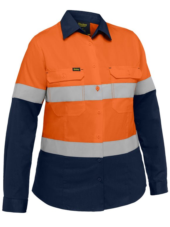 Bisley Workwear Industrial Women's Taped Hi Vis Cool Lightweight Vented Shirt Orange/Navy