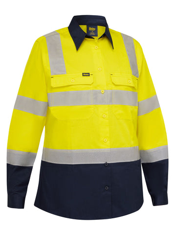 Bisley Workwear Women's Taped Biomotion Hi Vis Cool Lightweight Vented Shirt Yellow/Navy