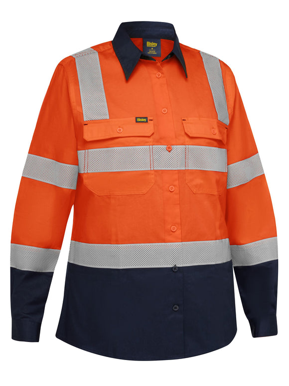 Bisley Workwear Women's Taped Biomotion Hi Vis Cool Lightweight Vented Shirt Orange/Navy