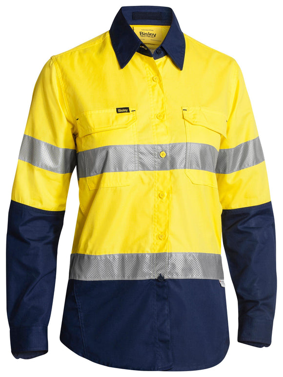 Bisley Workwear Women's X Airflow™ Taped Hi Vis Ripstop Shirt Yellow/Navy