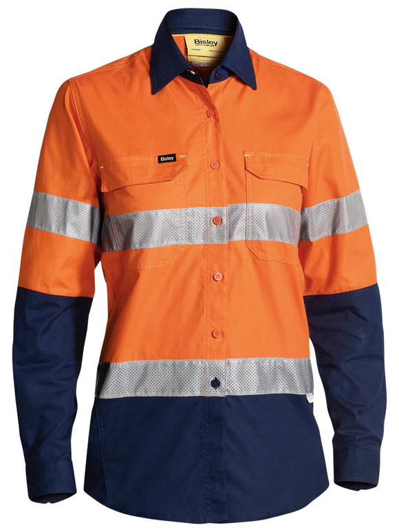 Bisley Workwear Women's X Airflow™ Taped Hi Vis Ripstop Shirt Orange/Navy