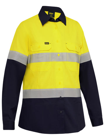 Bisley Workwear Women's Taped Hi Vis Ripstop Vented Shirt Yellow/Navy