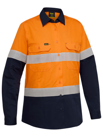 Bisley Workwear Women's Taped Hi Vis Ripstop Vented Shirt Orange/Navy