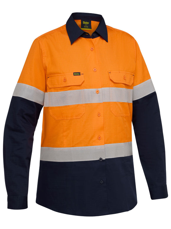Bisley Workwear Women's Taped Hi Vis Ripstop Vented Shirt Orange/Navy