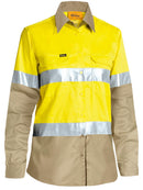 Bisley Workwear Women's Taped Hi Vis Cool Lightweight Drill Shirt Yellow/Khaki