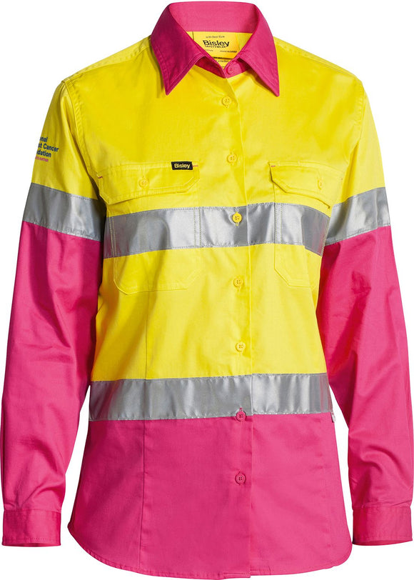 Bisley Workwear Women's Taped Hi Vis Cool Lightweight Drill Shirt Yellow/Pink