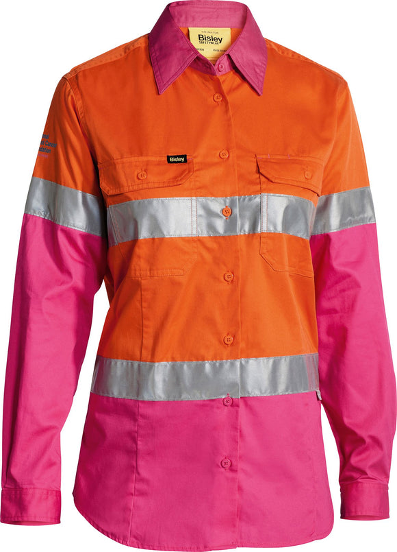 Bisley Workwear Women's Taped Hi Vis Cool Lightweight Drill Shirt Orange/Pink