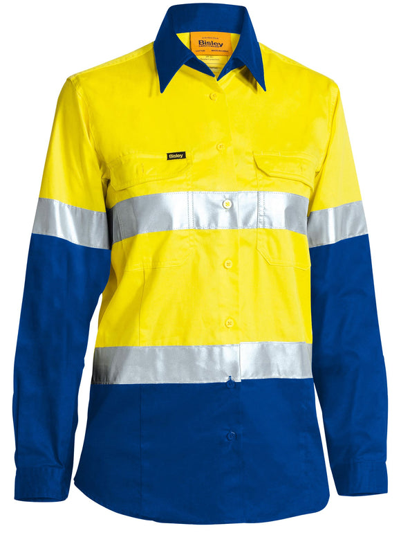 Bisley Workwear Women's Taped Hi Vis Cool Lightweight Drill Shirt Yellow/Royal
