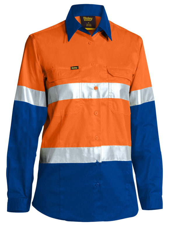 Bisley Workwear Women's Taped Hi Vis Cool Lightweight Drill Shirt Orange/Royal