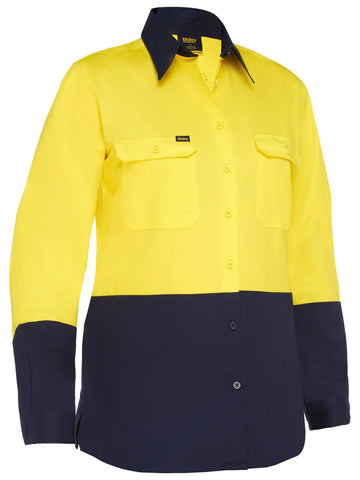 Bisley Workwear Women's Cool Lightweight Hi Vis Drill Shirt Yellow/Navy