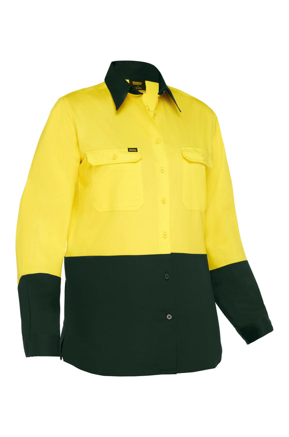 Bisley Workwear Women's Cool Lightweight Hi Vis Drill Shirt Yellow/Bottle