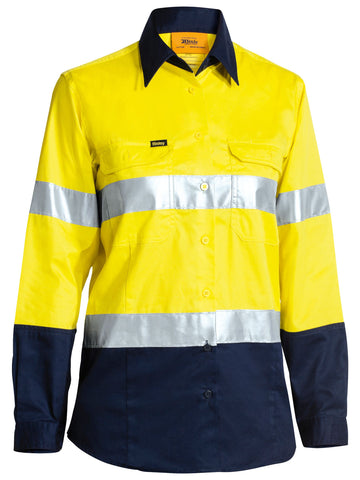 Bisley Workwear Women's Taped Hi Vis Cool Lightweight Drill Shirt Yellow/Navy