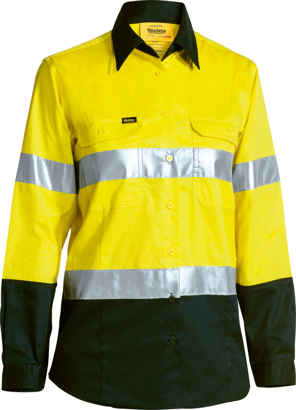Bisley Workwear Women's Taped Hi Vis Cool Lightweight Drill Shirt Yellow/Bottle
