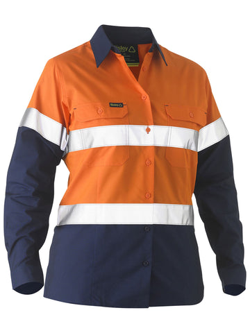 Bisley Workwear Recycle Women's Taped Two Tone Hi Vis Drill Shirt Orange/Navy