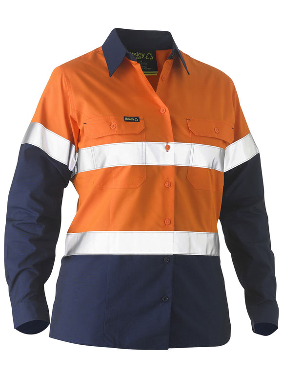 Bisley Workwear Recycle Women's Taped Two Tone Hi Vis Drill Shirt Orange/Navy