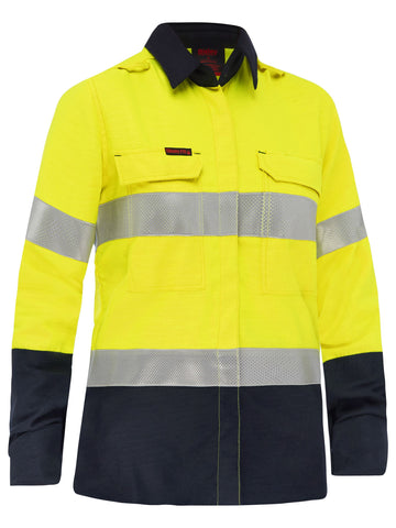 Bisley Workwear Apex 185 Women's Taped Hi Vis FR Vented Shirt Yellow/Navy