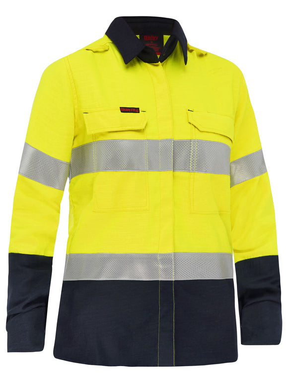 Bisley Workwear Apex 185 Women's Taped Hi Vis FR Vented Shirt Yellow/Navy