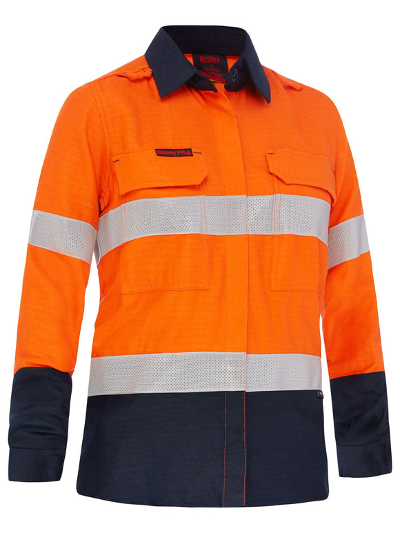 Bisley Workwear Apex 185 Women's Taped Hi Vis FR Vented Shirt Orange/Navy