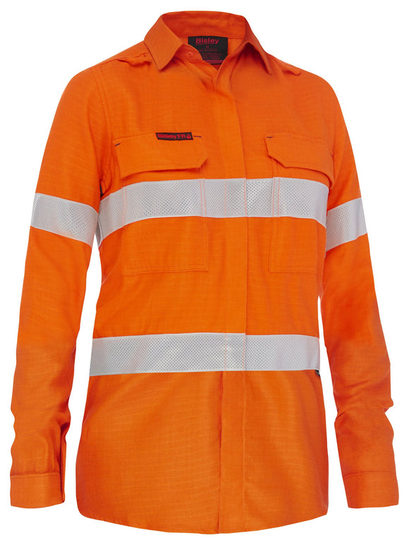 Bisley Workwear Apex 185 Women's Taped Hi Vis Ripstop FR Vented Shirt Orange