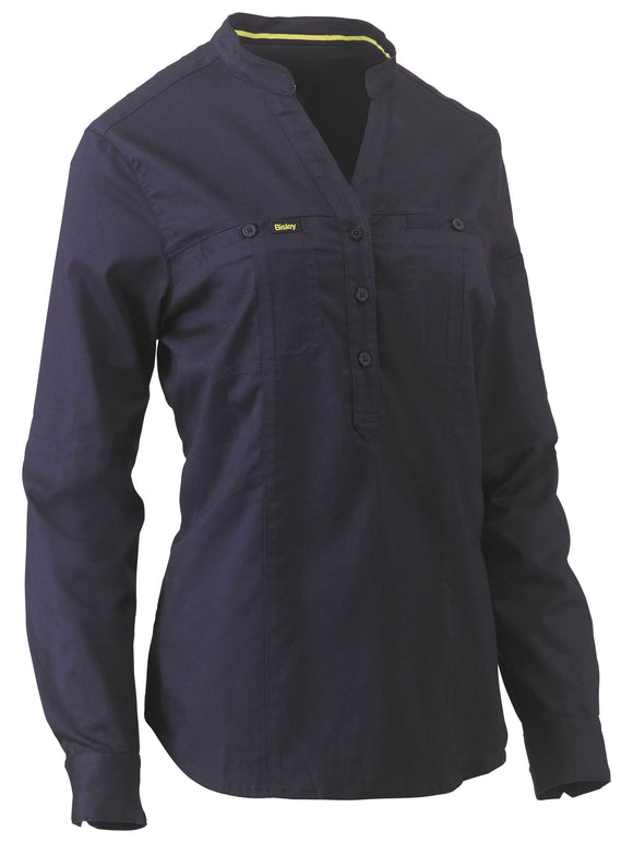 Bisley Workwear Women's Stretch V-Neck Closed Front Shirt Navy