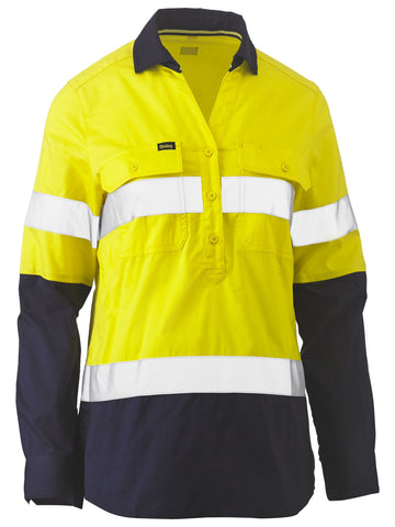 Bisley Workwear Womens Taped Hi Vis Stretch Closed Front Shirt Yellow/Navy