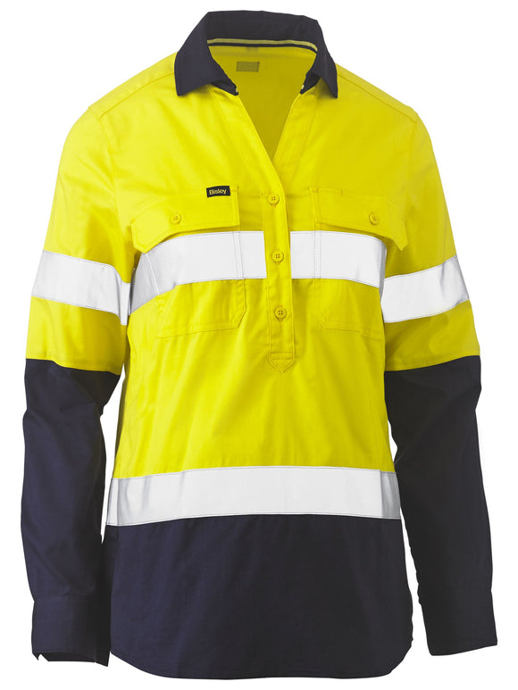 Bisley Workwear Womens Taped Hi Vis Stretch Closed Front Shirt Yellow/Navy